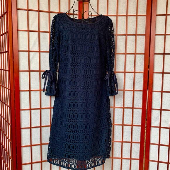 Lovely, Navy R&K Sheath Dress with Crocheted Shell - Picture 2 of 6